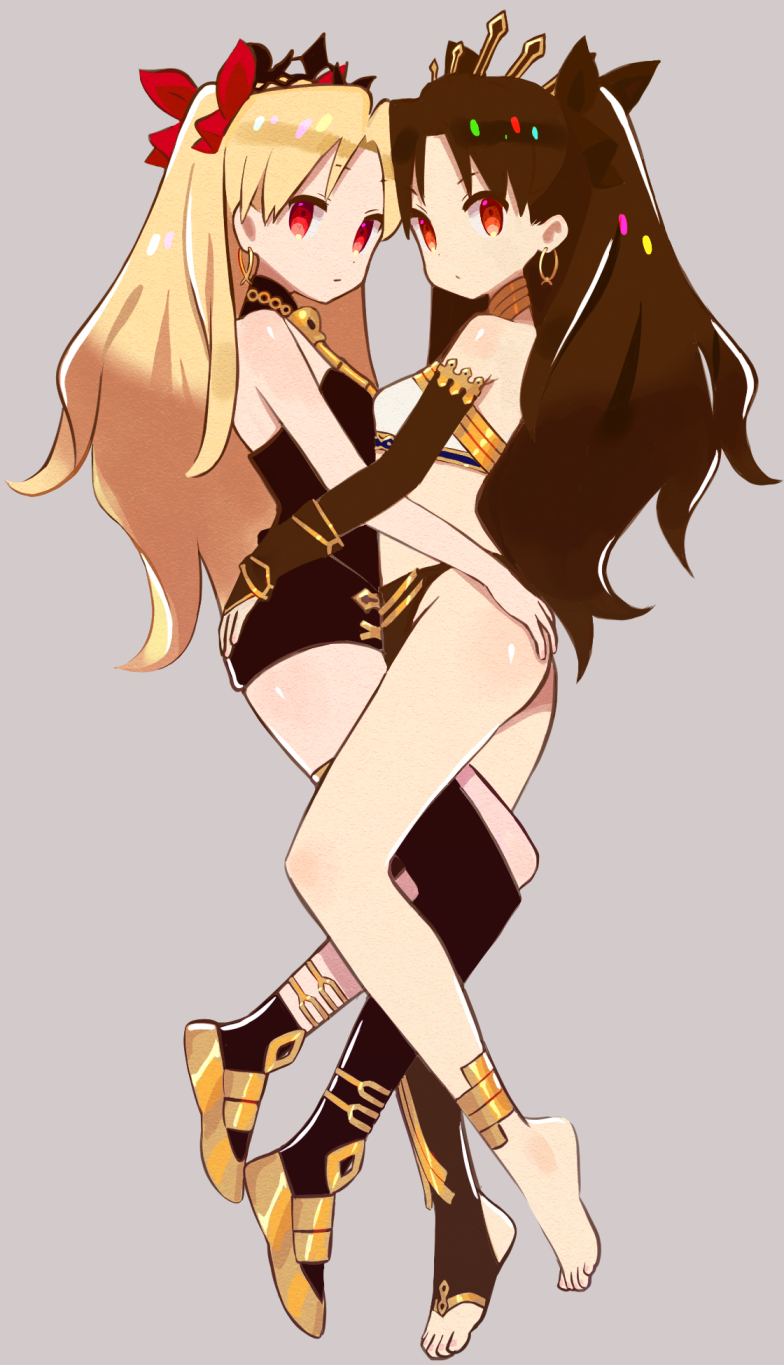 2girls, anklet, armlet, asymmetrical_legwear, asymmetrical_sleeves, bangs, barefoot, between_breasts