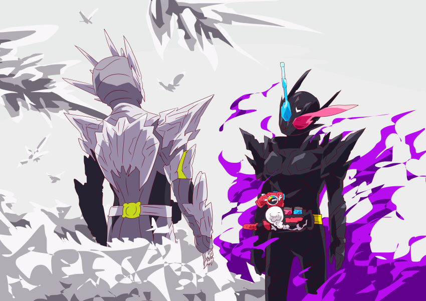 2boys, absurdres, armor, belt, breastplate, bug, compound_eyes, crossover