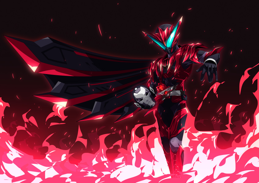 1boy, absurdres, black_background, black_bodysuit, body_armor, bodysuit, burning_falcon, compound_eyes, fire, glowing_lines, green_eyes, highres, holding, holding_head, humagear_headphones, kamen_rider, kamen_rider_01_(series), kamen_rider_jin, large_wings, otokamu, red_armor, rider_belt, robot_ears, single_wing, tokusatsu, wings