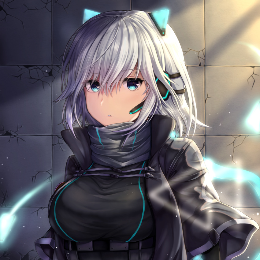 1girl, aqua_eyes, bangs, black_jacket, breasts, buranketo_2, commentary_request, cracked_wall