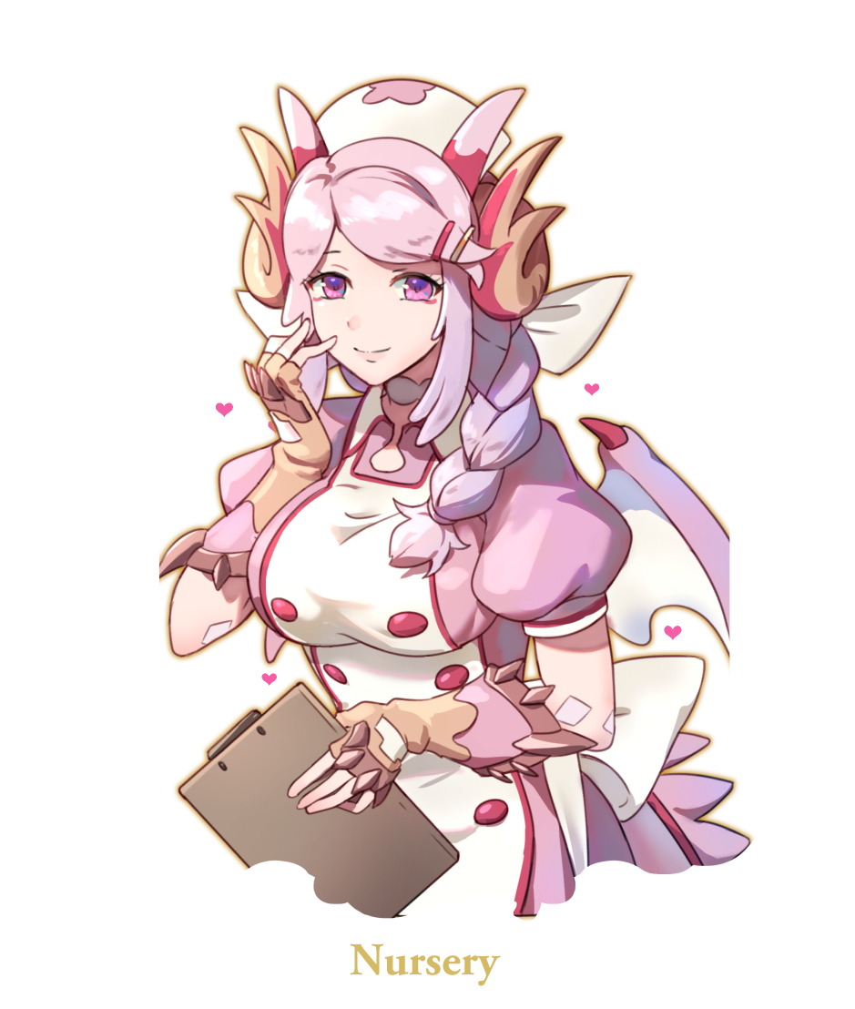 1girl, apron, bangs, braid, breasts, character_name, clipboard, collared_dress, dragon_girl, dragon_horns, dragon_tail, dragon_wings, dragonmaid_nasary, dress, duel_monster, eyeshadow, fingerless_gloves, gloves, hair_ornament, hairclip, hat, heart, holding, holding_clipboard, horns, hsin, large_breasts, long_hair, looking_at_viewer, maid, maid_apron, maid_dress, makeup, nurse, nurse_cap, pink_dress, pink_hair, puffy_short_sleeves, puffy_sleeves, short_sleeves, single_braid, smile, solo, spikes, tail, upper_body, violet_eyes, white_background, wings, yuu-gi-ou