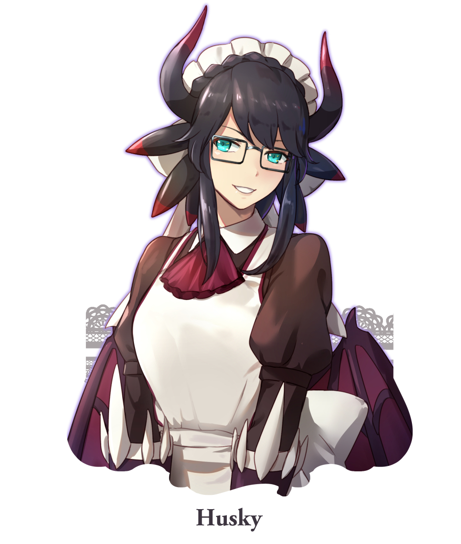 1girl, apron, aqua_eyes, ascot, bangs, black-framed_eyewear, black_dress, black_hair