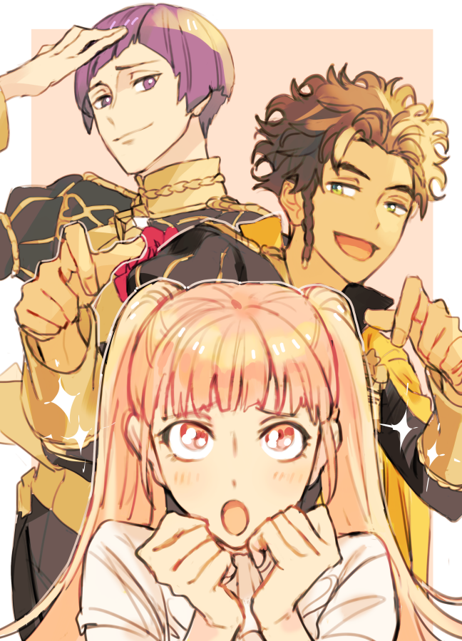1girl, 2boys, blush, bowl_cut, braid, brown_hair, claude_von_riegan, clenched_hands