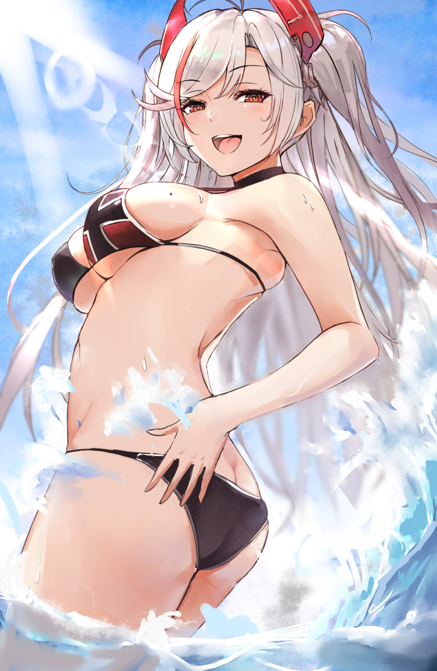1girl, ass, azur_lane, bikini, bow, breasts, hair_bow, highres, iron_cross, large_breasts, liaowen, long_hair, looking_at_viewer, mole, mole_on_breast, ocean, open_mouth, prinz_eugen_(azur_lane), prinz_eugen_(unfading_smile)_(azur_lane), red_eyes, silver_hair, simple_background, smile, solo, swimsuit, water