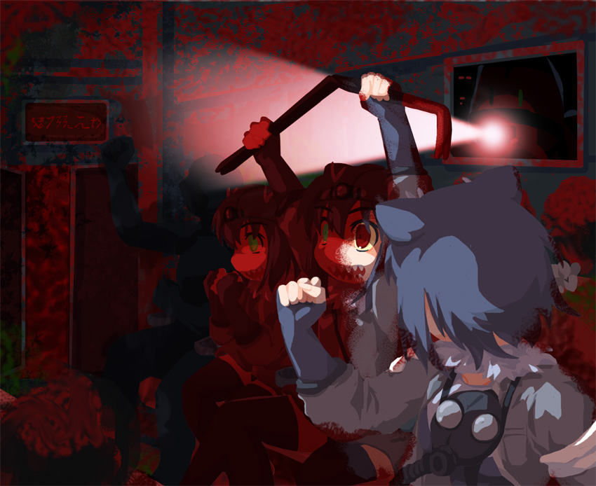 3girls, animal_ears, arai-san_mansion, blood, blood_on_face, clenched_hands, clone, commentary_request, crowbar, cup, dark, door, from_side, gaijin_4koma, gas_mask, giant_otter_(kemono_friends)_(kuro_(kurojill)), grin, headlamp, holding, holding_weapon, horiki_masaharu, horror_(theme), indoors, kemono_friends, looking_away, looking_to_the_side, lucky_beast_(kemono_friends), meme, movie_theater, multiple_girls, open_door, open_mouth, otter_ears, pointing, red_eyes, silhouette, sitting, smile, squeezing, translation_request, weapon, yellow_sclera