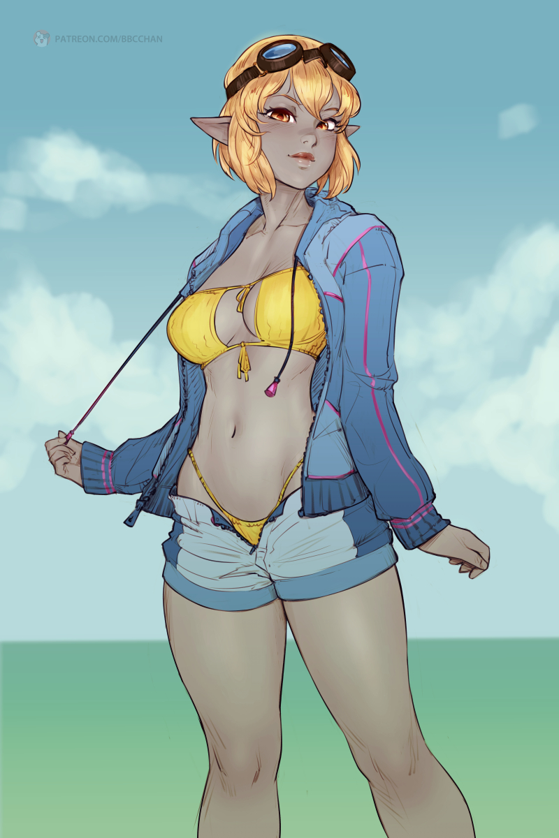 1girl, bbc-chan, bikini, borrowed_character, breasts, commentary, dark_elf, dark_skin