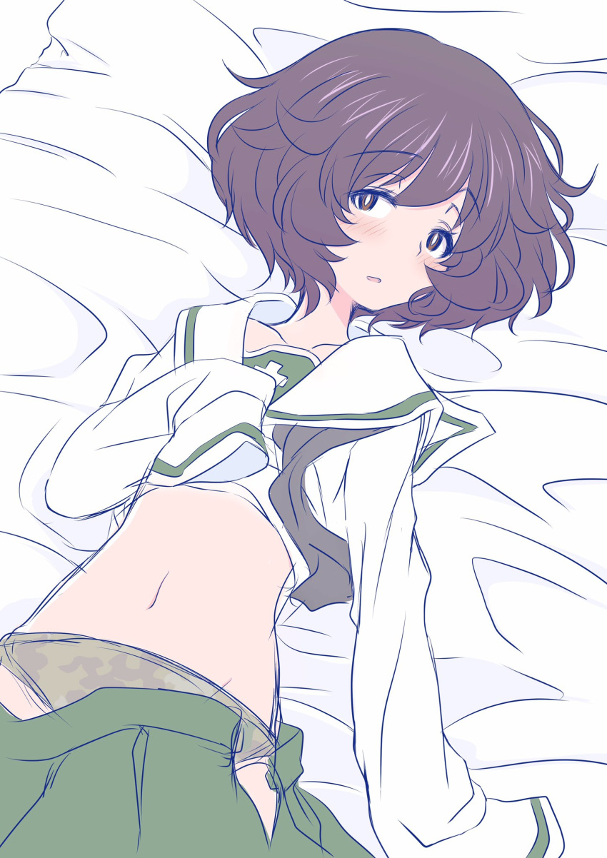 1girl, akiyama_yukari, bangs, bed, black_neckwear, blouse, blush, brown_eyes, brown_hair, camouflage, camouflage_panties, commentary, eyebrows_visible_through_hair, girls_und_panzer, green_panties, green_skirt, hadzuki_haru, half-closed_eyes, highres, long_sleeves, looking_at_viewer, lying, messy_hair, miniskirt, navel, neckerchief, on_back, on_bed, ooarai_school_uniform, open_clothes, open_mouth, open_skirt, panties, pleated_skirt, school_uniform, serafuku, short_hair, skirt, skirt_pull, sleeves_past_fingers, sleeves_past_wrists, solo, underwear, undone_neckerchief, white_blouse
