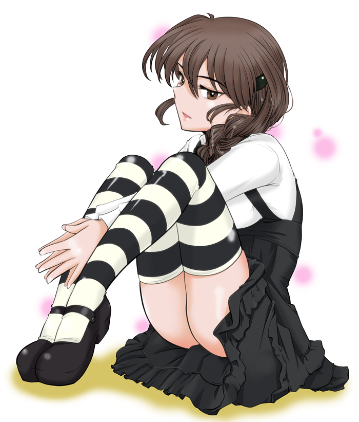 1girl, arms_between_legs, black_footwear, black_legwear, black_skirt, braid, brown_eyes, brown_hair, casual, closed_mouth, commentary, cosplay, frown, girls_und_panzer, hair_ornament, hair_over_shoulder, hairclip, half-closed_eyes, high-waist_skirt, layered_skirt, light_frown, long_hair, long_sleeves, looking_at_viewer, mary_janes, parted_lips, rukuriri_(girls_und_panzer), rukuriritea, shimada_arisu, shimada_arisu_(cosplay), shirt, shoes, single_braid, sitting, skindentation, skirt, solo, striped, striped_legwear, suspender_skirt, suspenders, thigh-highs, white_shirt