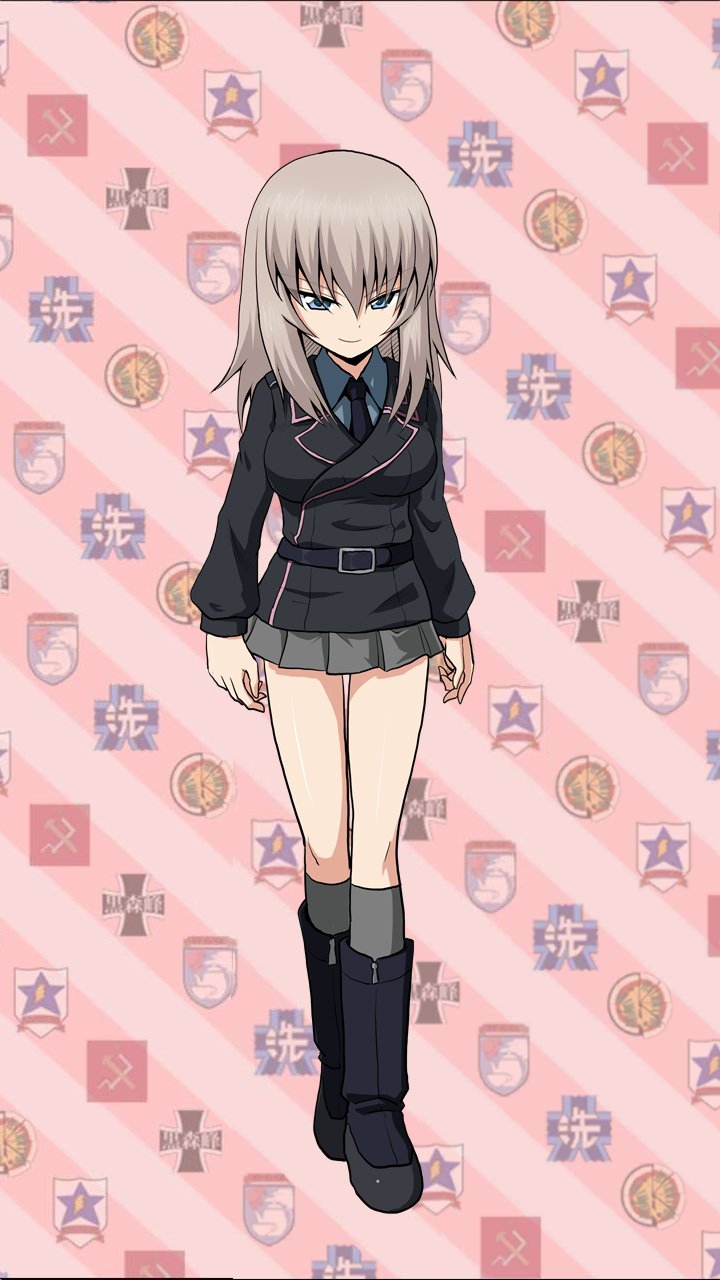 1girl, anzio_(emblem), bangs, belt, black_belt, black_footwear, black_jacket, black_neckwear
