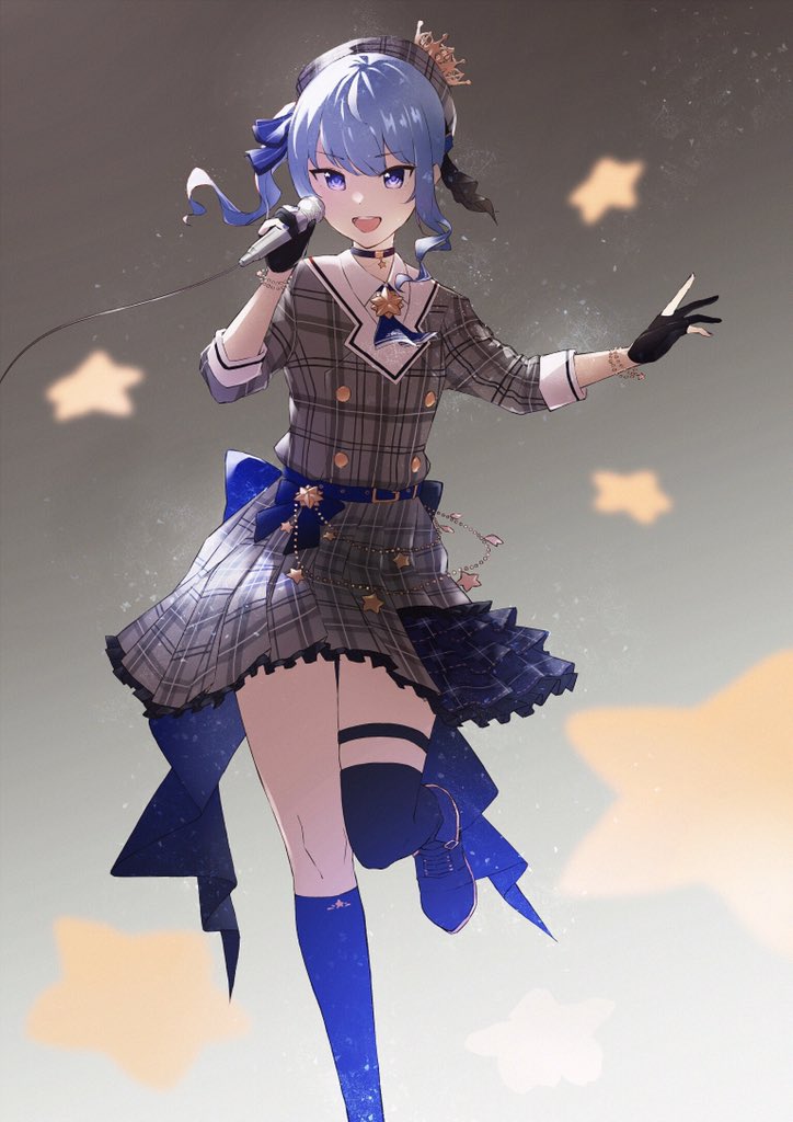 1girl, belt, belt_buckle, black_gloves, blue_eyes, blue_hair, bracelet, buckle
