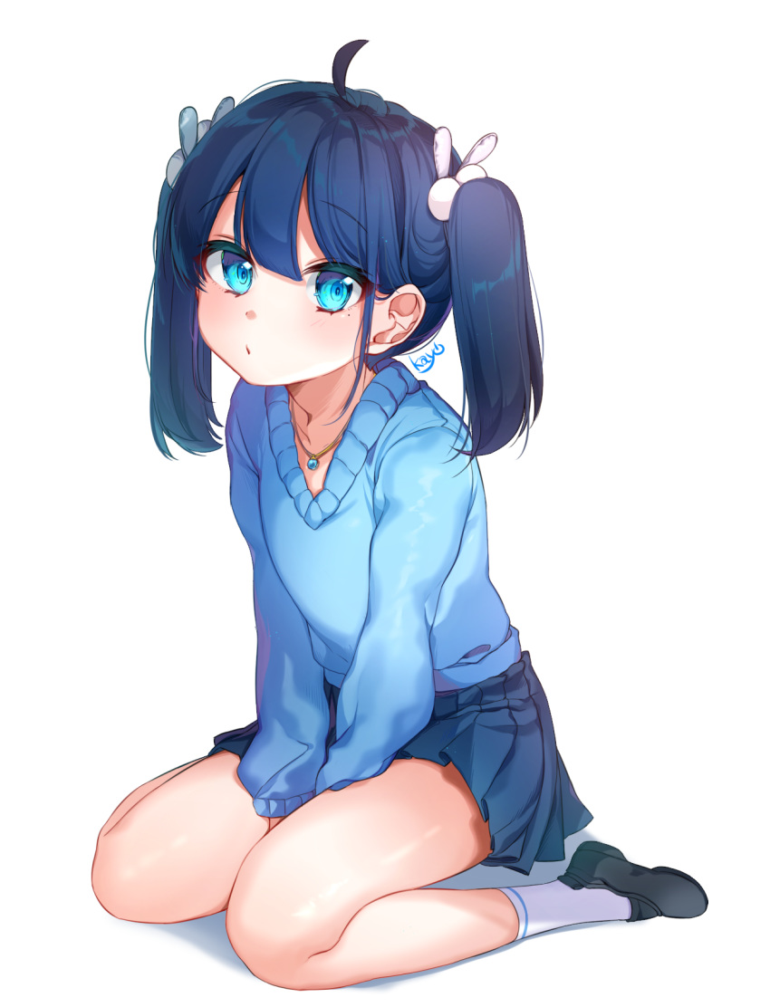 1girl, ahoge, bangs, between_legs, black_footwear, blue_eyes, blue_hair, blue_skirt