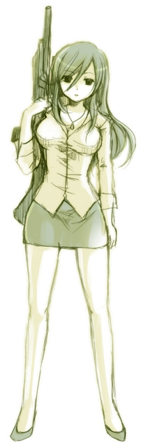 el_cazador, gun, jewelry, jody_hayward, long_hair, miniskirt, monochrome, necklace