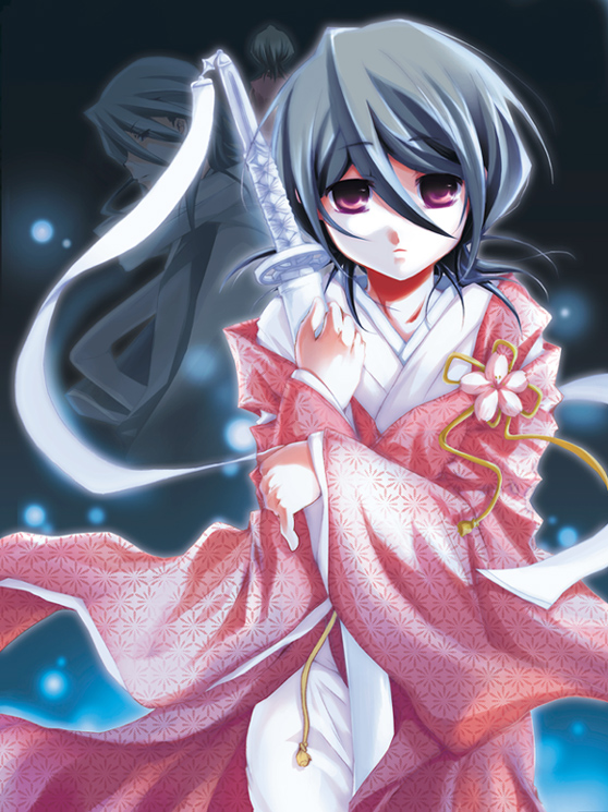 1boy, 1girl, black_hair, bleach, izumiya_otoha, japanese_clothes, kimono, kuchiki_byakuya, kuchiki_rukia, shikai, sode_no_shirayuki_(shikai), sword, weapon