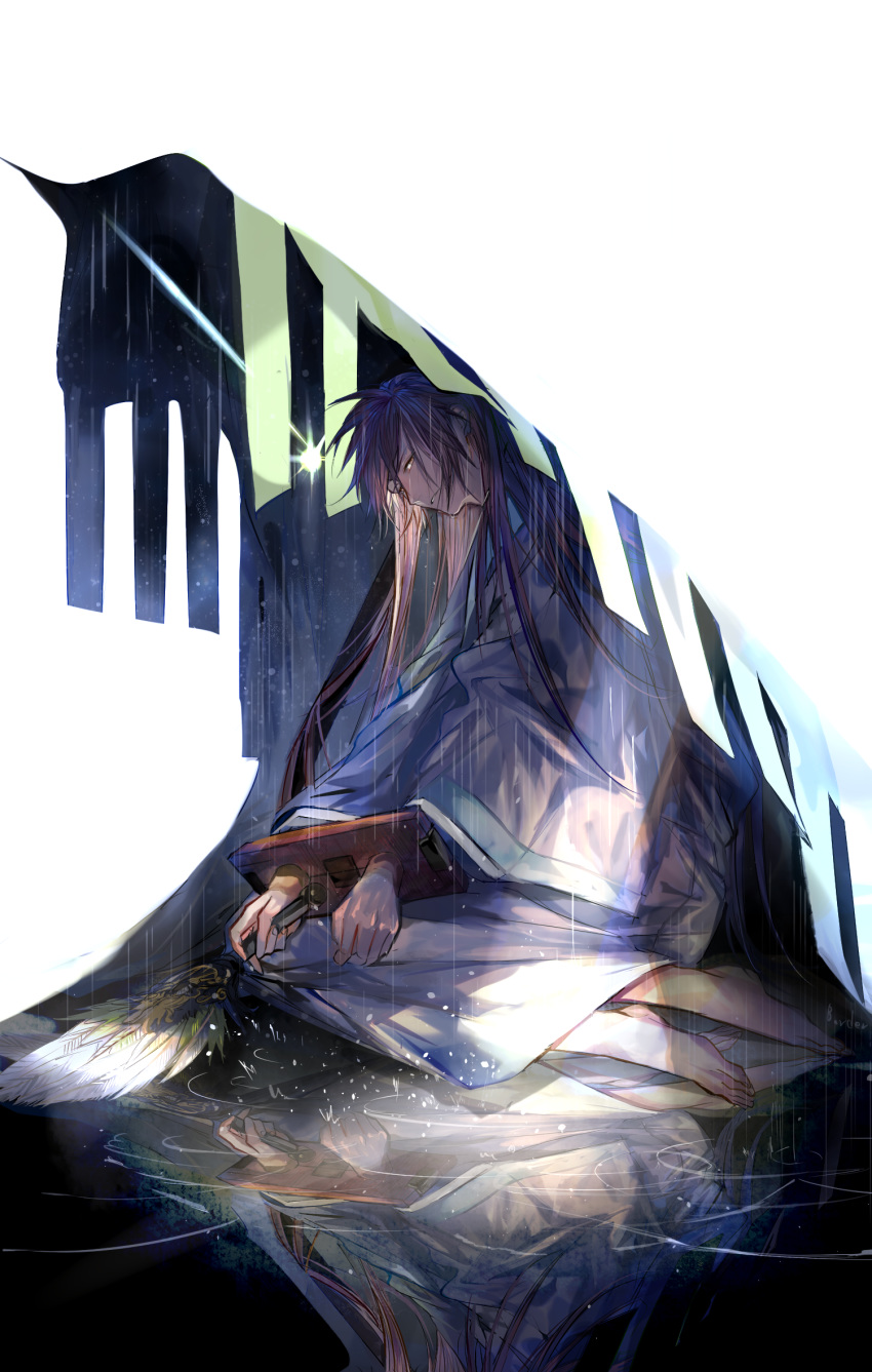 1boy, bangs, barefoot, border0715, brown_eyes, brown_hair, chinese_clothes, cuffs