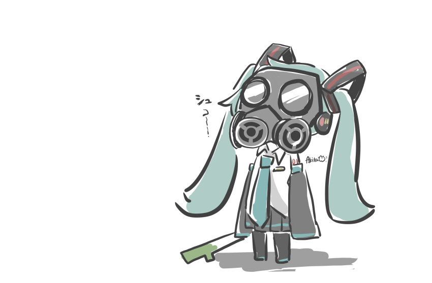 absurdres, akita_aaa, aqua_hair, aqua_neckwear, bare_shoulders, black_skirt, black_sleeves, chibi