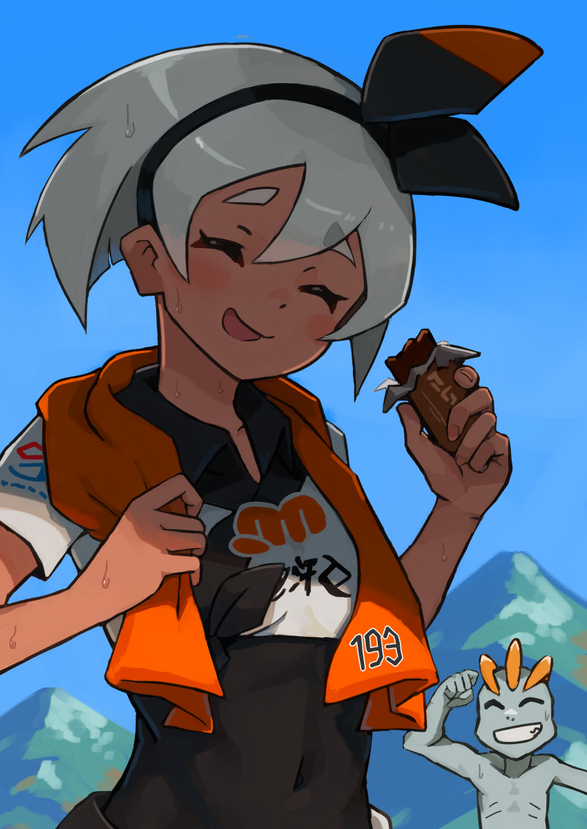 1girl, ^_^, absurdres, bangs, black_bodysuit, black_hairband, blue_sky, blush