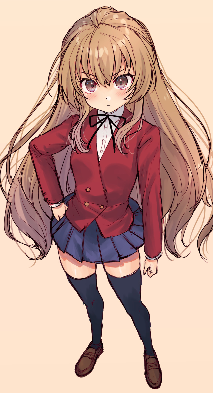1girl, absurdres, aisaka_taiga, bangs, black_legwear, black_ribbon, blazer, blue_skirt