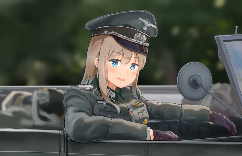 1girl, blonde_hair, blue_eyes, blurry, blurry_background, car, commentary, eyebrows_visible_through_hair