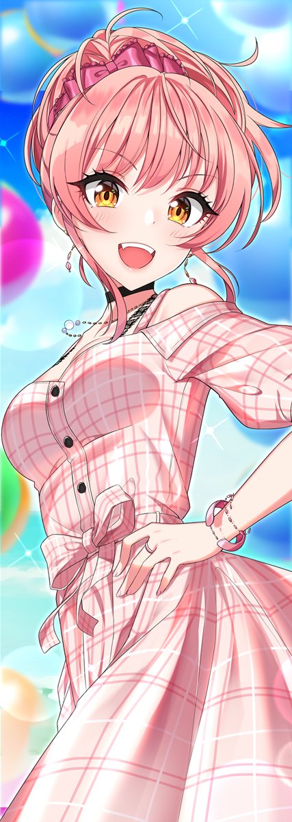 1girl, balloon, bangs, bare_shoulders, bow, bra_strap, bracelet, breasts