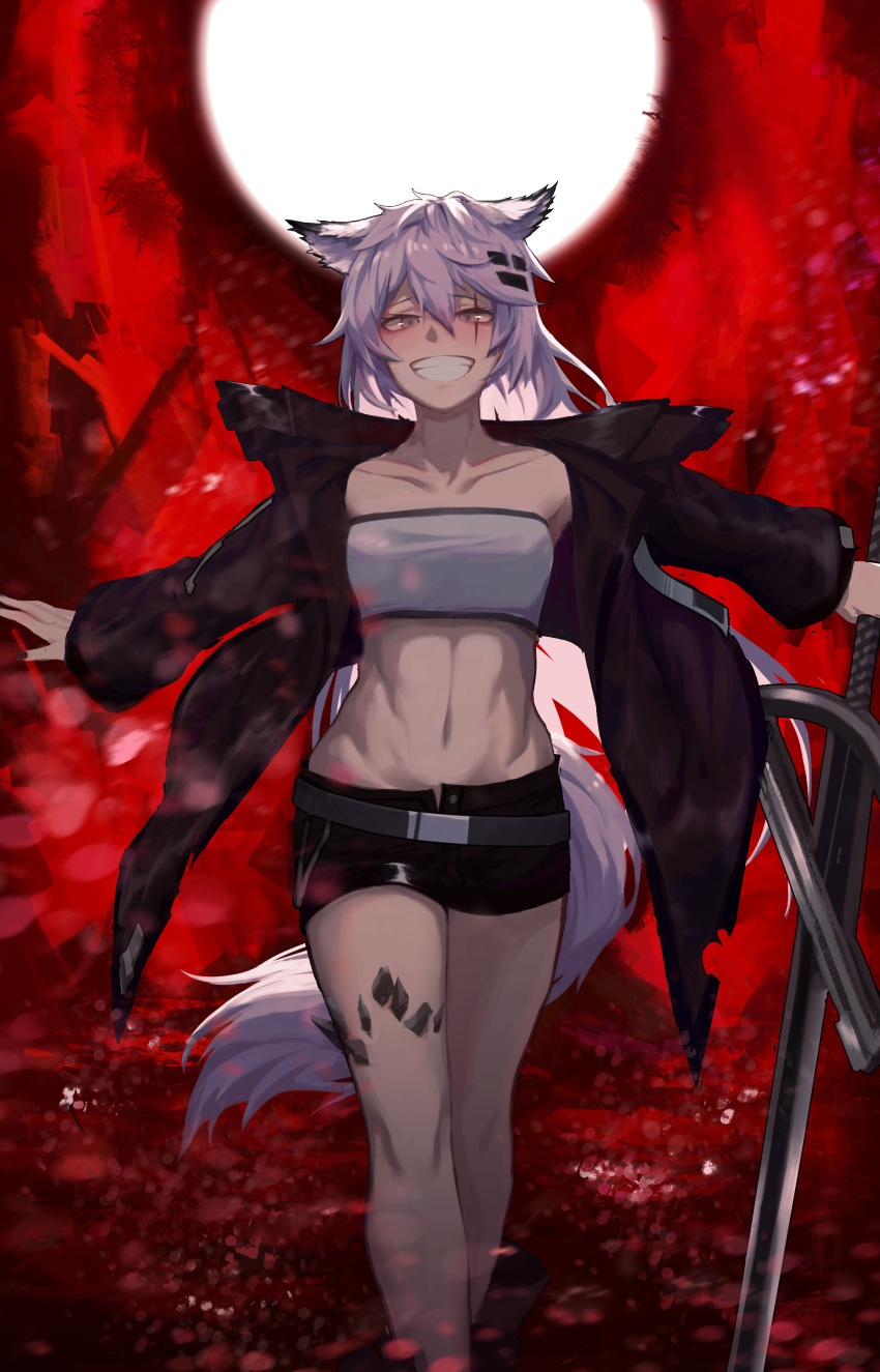 1girl, absurdres, animal_ears, arknights, bandeau, bangs, bare_legs, black_jacket