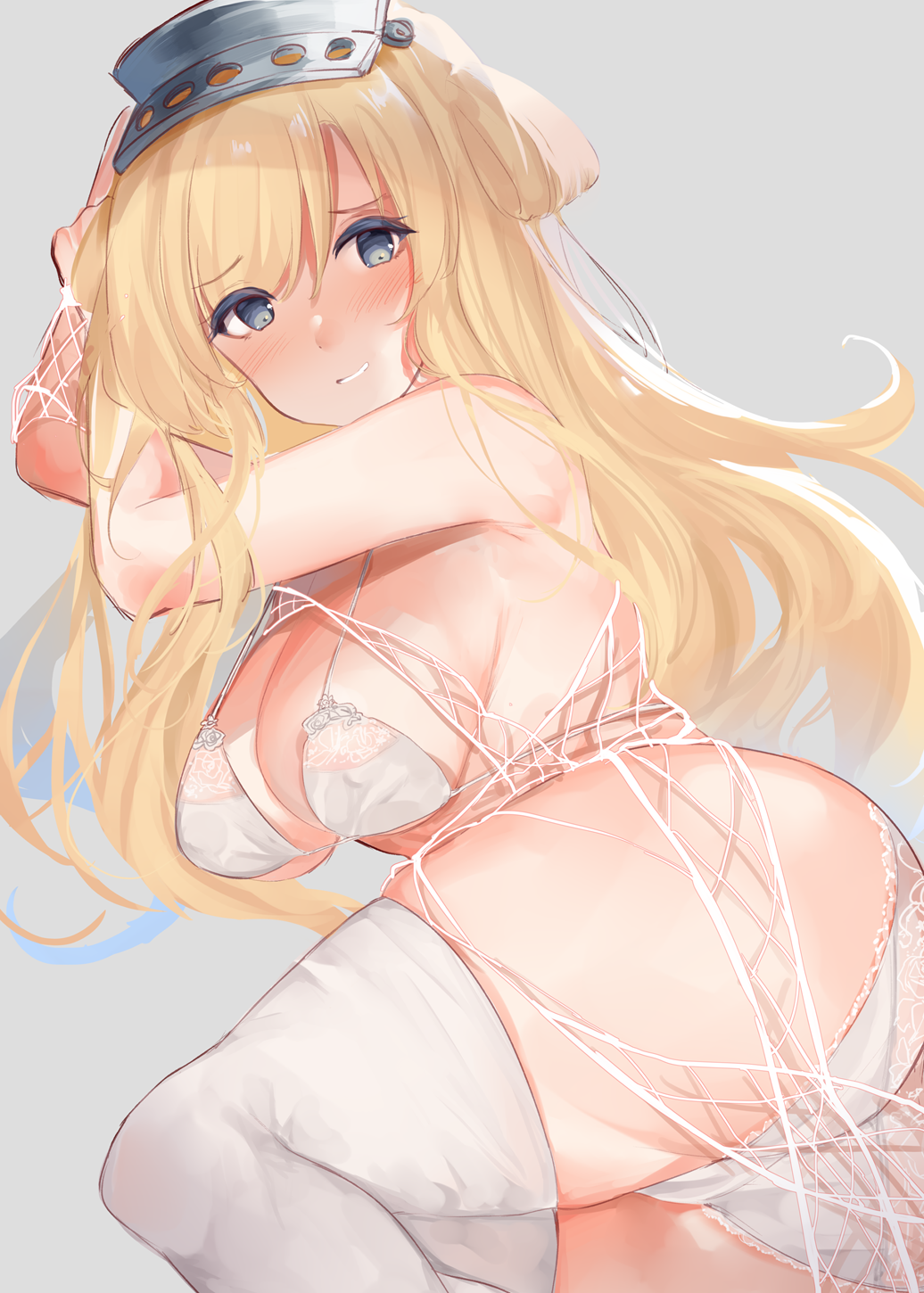 1girl, blonde_hair, blue_eyes, bra, breasts, cargo_net, commentary_request, cowboy_shot