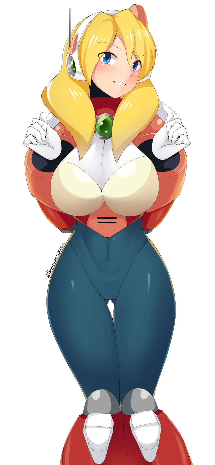 1girl, absurdres, alia_(rockman), armor, armored_boots, ass_visible_through_thighs, bangs, blonde_hair