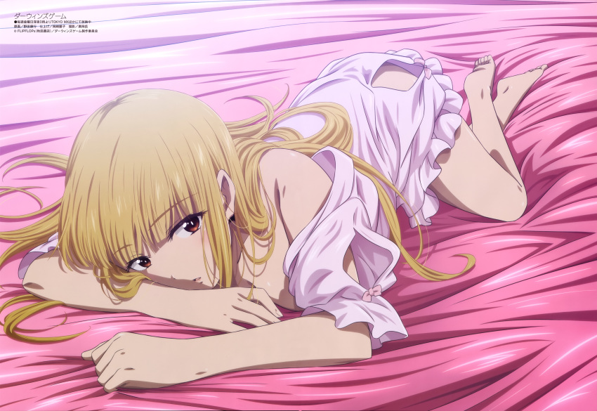 1girl, absurdres, apron, barefoot, bed, bed_sheet, blonde_hair, darwin's_game