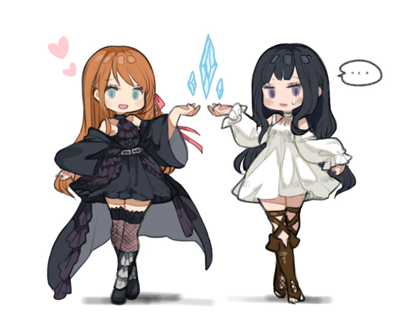 2girls, :d, absurdres, aqua_eyes, bare_shoulders, black_dress, black_footwear, black_hair, boots, chibi, cosplay, costume_switch, crossed_legs, crystal, dress, final_fantasy, final_fantasy_xiv, fishnet_legwear, fishnets, full_body, gaia_(ff14), gaia_(ff14)_(cosplay), hair_ribbon, halter_dress, halterneck, heart, highres, hyur, kkaebing, long_hair, long_sleeves, multiple_girls, open_mouth, orange_hair, pink_ribbon, ribbon, ryne, ryne_(cosplay), simple_background, sleeves_past_wrists, smile, symmetry, thigh-highs, violet_eyes, watson_cross, white_background, white_dress
