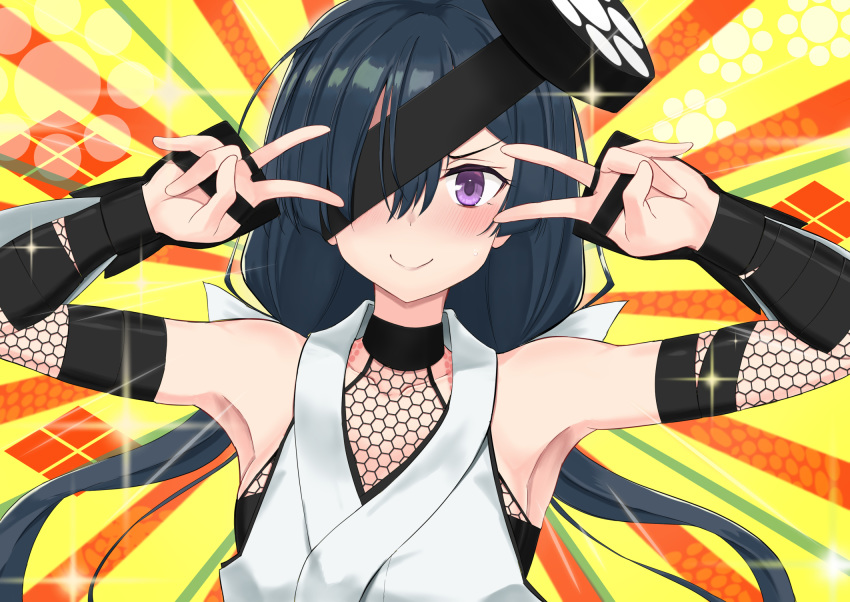 1girl, aozaku_(hatake_no_niku), arm_guards, arm_ribbon, armpits, bangs, bare_shoulders, black_hair, black_ribbon, blush, breasts, closed_mouth, collarbone, double_v, emotional_engine_-_full_drive, eyepatch, fate/grand_order, fate_(series), fishnets, hands_up, highres, japanese_clothes, kimono, long_hair, looking_at_viewer, mochizuki_chiyome_(fate/grand_order), orange_background, parody, ribbon, sleeveless, sleeveless_kimono, small_breasts, smile, solo, sparkle, striped, striped_background, v, very_long_hair, violet_eyes, white_kimono, yellow_background