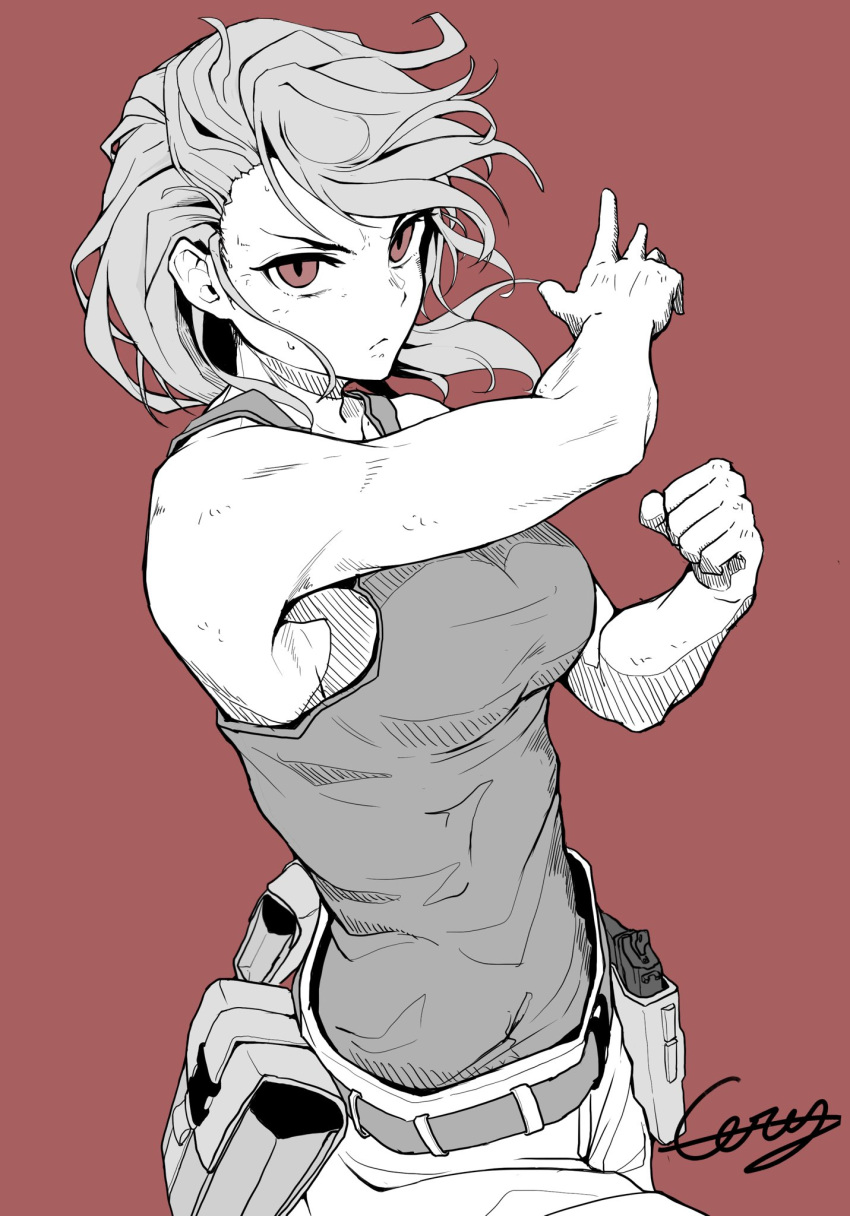 1girl, :<, belt, belt_pouch, breasts, clenched_hand, coezi2, commentary