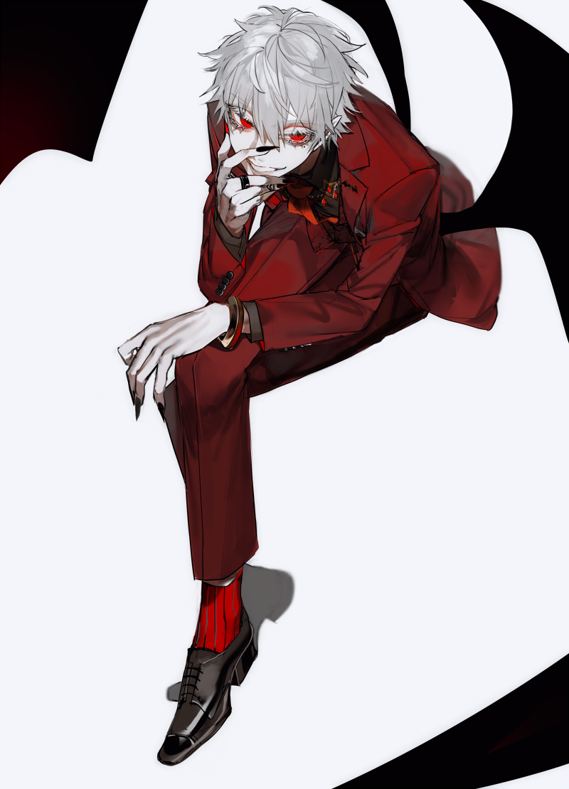1boy, au_(d_elite), black_footwear, bracelet, fingernails, formal, grey_hair, hair_between_eyes
