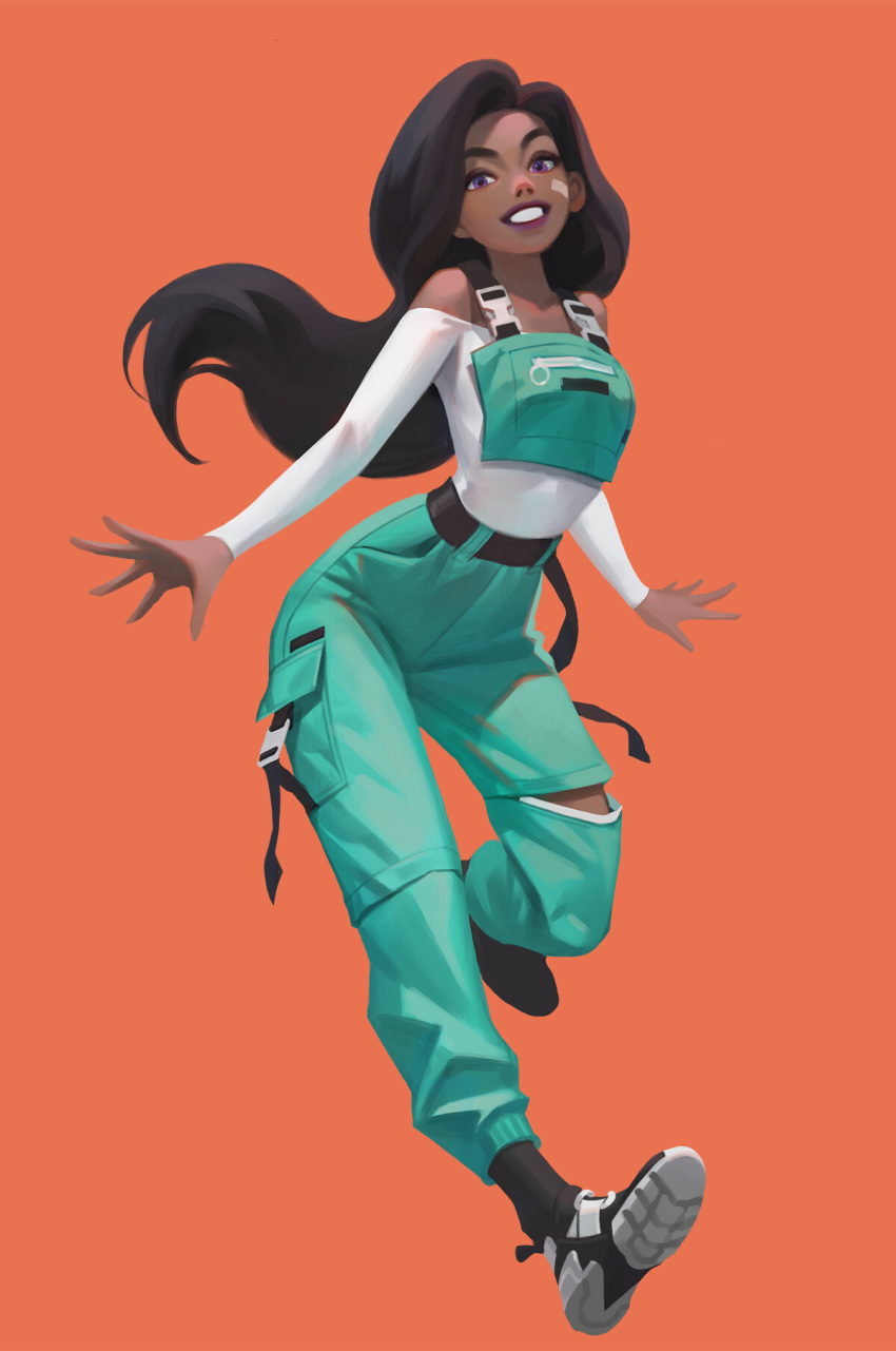 1girl, bandaid, bandaid_on_face, breasts, cargo_pants, dark_skin, forehead, full_body, green_pants, grin, highres, jinwu_(artist), lipstick, long_hair, looking_at_viewer, makeup, off-shoulder_sweater, off_shoulder, orange_background, original, pants, purple_lipstick, running, shoes, slender_waist, small_breasts, smile, sneakers, solo, sweater, thick_eyebrows, very_dark_skin, violet_eyes