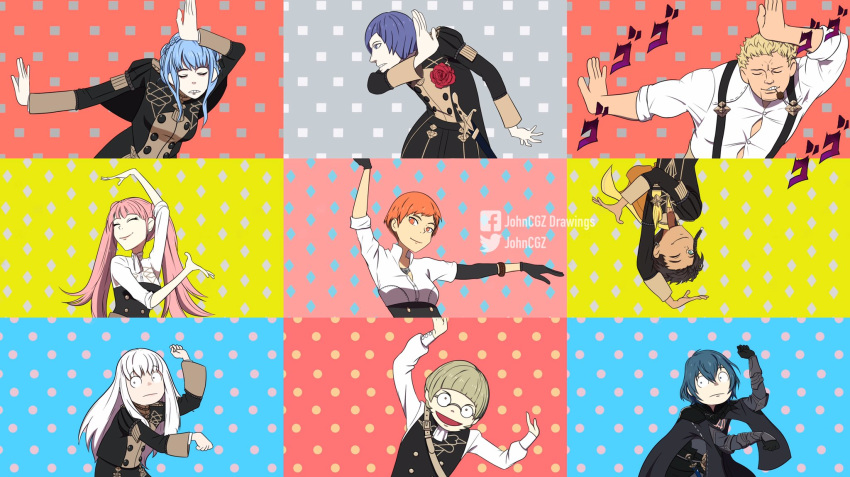 4girls, 5boys, bangs, black_gloves, blonde_hair, blue_eyes, blue_hair, blunt_bangs