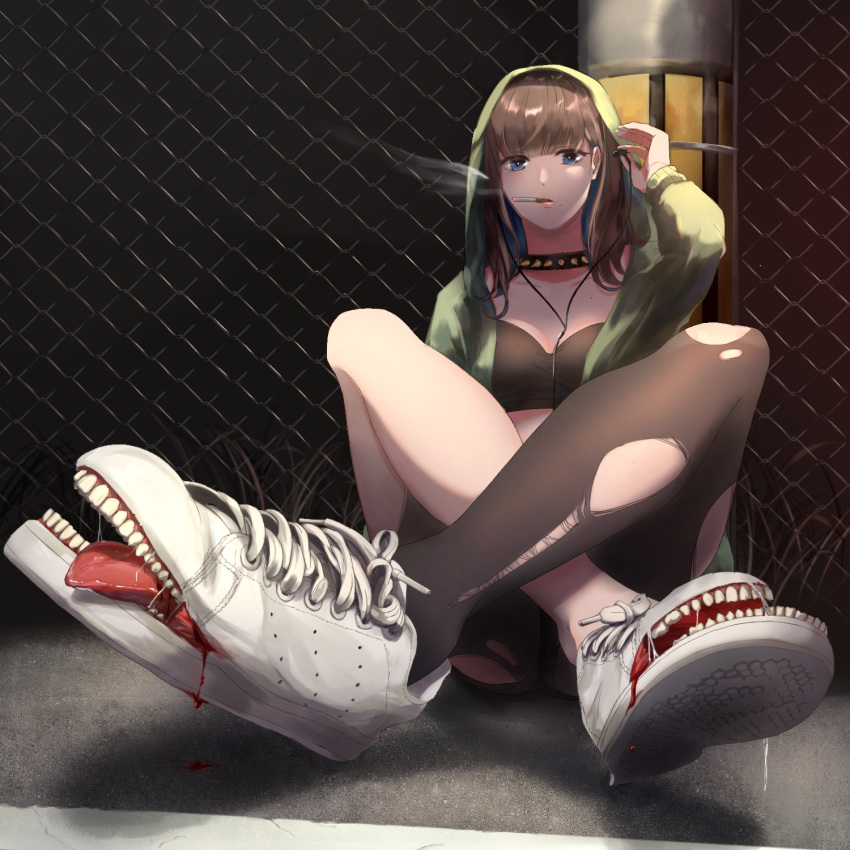 1girl, adidas, black_bra, black_legwear, blood, blue_eyes, bra, brown_hair