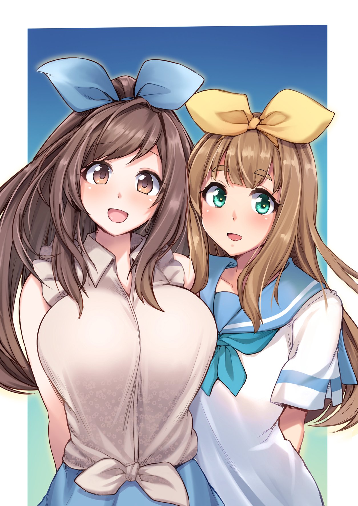 2girls, :d, arms_behind_back, big_hair, blue_background, blue_bow, blue_neckwear, blue_sailor_collar