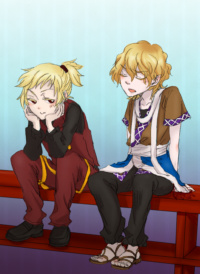 2boys, :3, adapted_costume, black_footwear, black_pants, blonde_hair, brown_footwear, commentary_request, elbow_gloves, genderswap, genderswap_(ftm), gloves, gradient, gradient_background, hands_on_own_chin, kurodani_yamame, looking_at_another, mizuhashi_parsee, mntusui, multiple_boys, pants, sandals, short_hair, touhou