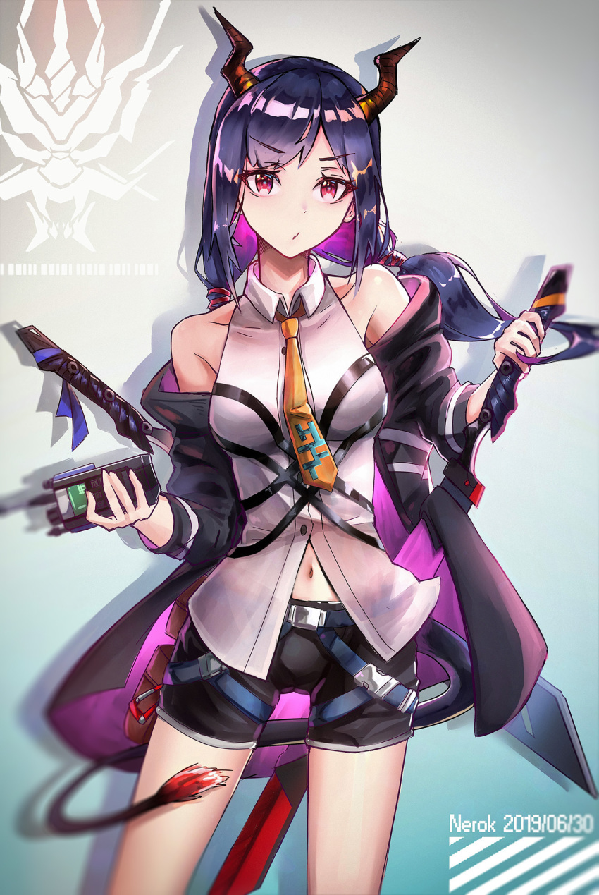 1girl, arknights, bangs, bare_shoulders, belt, breasts, ch'en_(arknights), commentary_request, dragon_horns, eyebrows_visible_through_hair, highres, holding, holding_sword, holding_weapon, horns, jacket, long_hair, looking_at_viewer, low_twintails, navel, necktie, nerok, pout, purple_hair, shorts, solo, sword, tail, twintails, violet_eyes, weapon