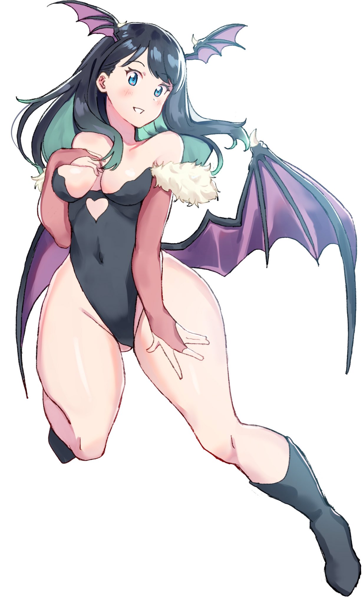 1girl, arigiep, bangs, bare_shoulders, bat_wings, black_hair, blue_eyes, blush