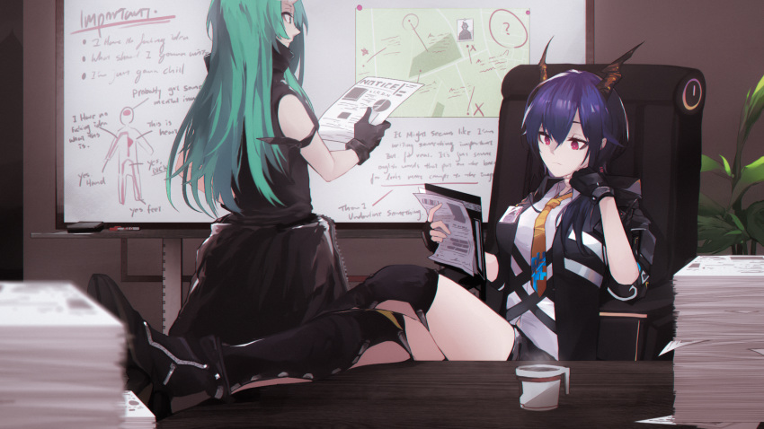2girls, aqua_hair, arknights, back, black_gloves, blue_hair, breasts, ch'en_(arknights)