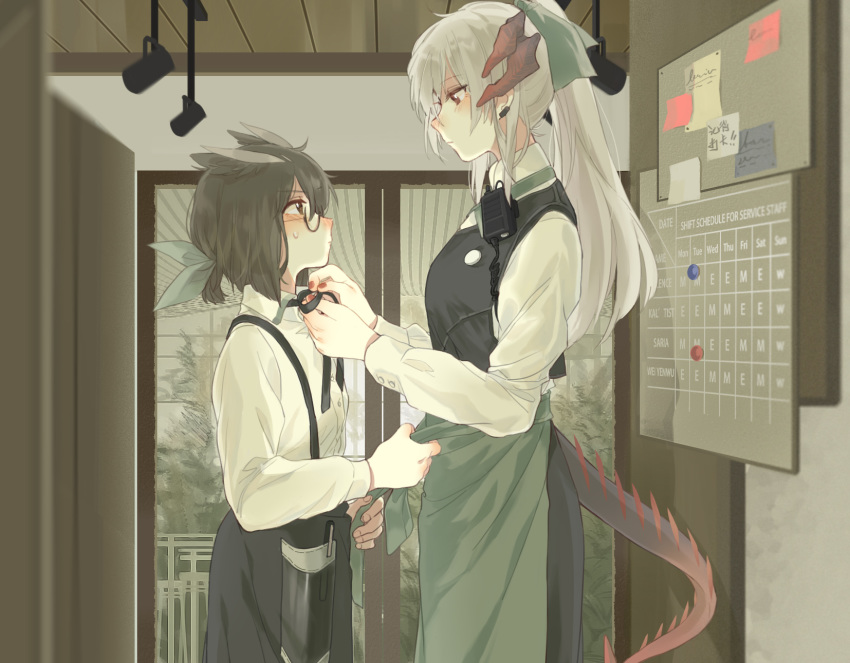 2girls, apron, arknights, black_hair, blush, ear_piercing, glasses, hair_ribbon