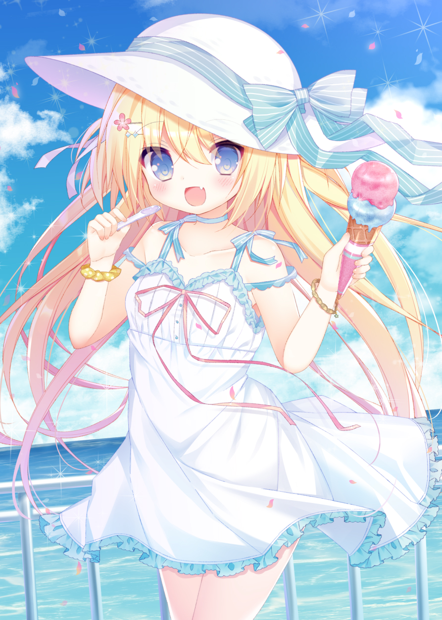 1girl, :d, bangs, bare_shoulders, blonde_hair, blue_bow, blue_choker, blue_eyes, blush, bow, brown_scrunchie, choker, collarbone, commentary_request, d_omm, double_scoop, dress, eyebrows_visible_through_hair, fang, flower, food, frilled_dress, frills, hair_between_eyes, hair_flower, hair_ornament, hairclip, hat, hat_bow, highres, holding, holding_food, holding_spoon, horizon, ice_cream, ice_cream_cone, long_hair, looking_at_viewer, moe2020, ocean, open_mouth, original, pink_ribbon, polka_dot, polka_dot_scrunchie, railing, red_flower, ribbon, scrunchie, sleeveless, sleeveless_dress, smile, solo, sparkle, spoon, striped, striped_bow, sun_hat, sundress, very_long_hair, water, white_headwear, wrist_scrunchie