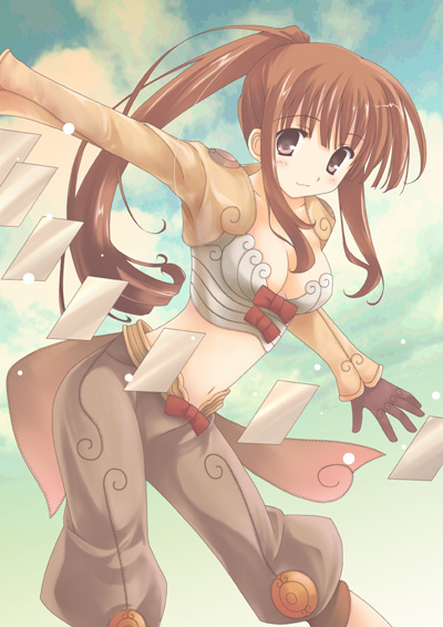brown_eyes, brown_hair, card, chuujou_kagetsu, cleavage, floating_card, gloves, long_hair