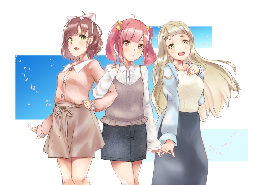 3girls, :d, absurdres, achikita_chinami, asuka_hina, bad_hand, black_skirt, bow