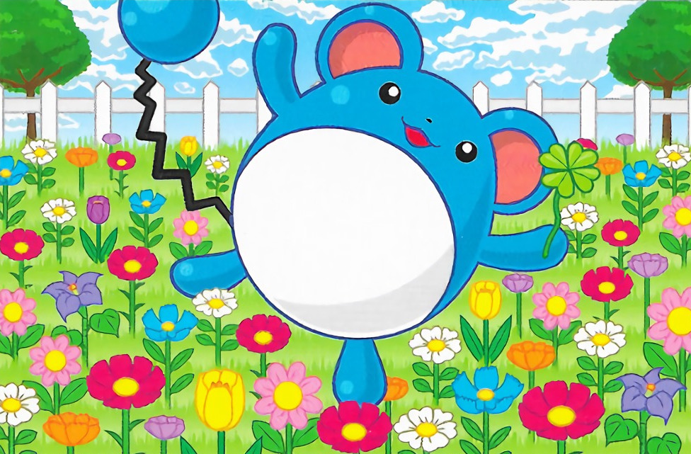 :d, black_eyes, blue_sky, clouds, cloudy_sky, commentary, creature, day, english_commentary, fence, flower, full_body, gen_2_pokemon, grass, happy, looking_at_viewer, marill, multiple_sources, negishi_shigenori, no_humans, official_art, open_mouth, outdoors, pokemon, pokemon_(creature), pokemon_trading_card_game, sky, smile, solo, standing, standing_on_one_leg, third-party_source, tree