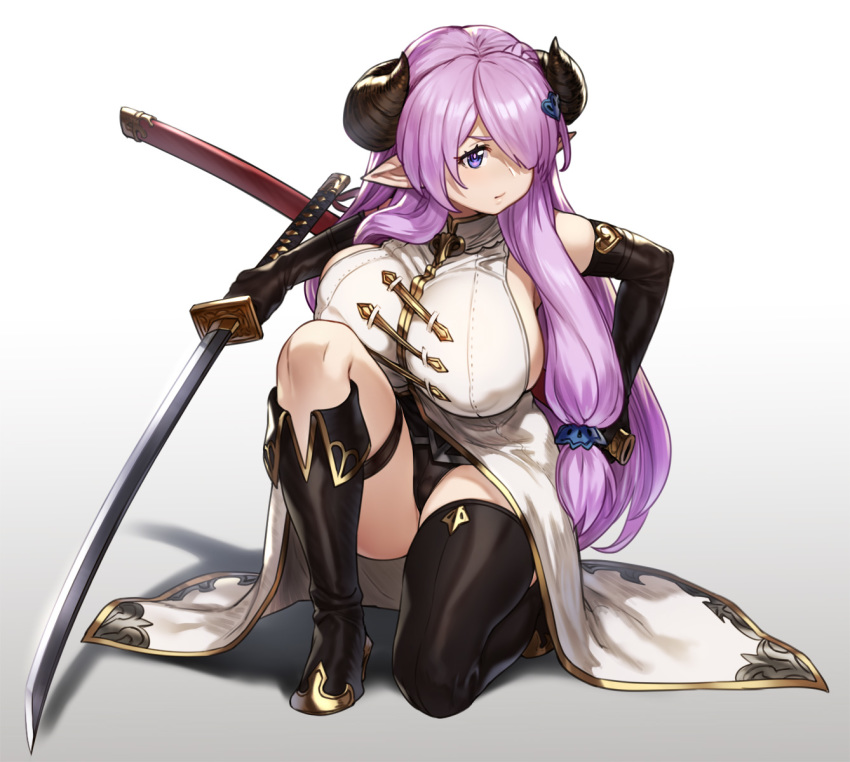1girl, breasts, covered_nipples, demon_horns, draph, elbow_gloves, fighting_stance, gloves