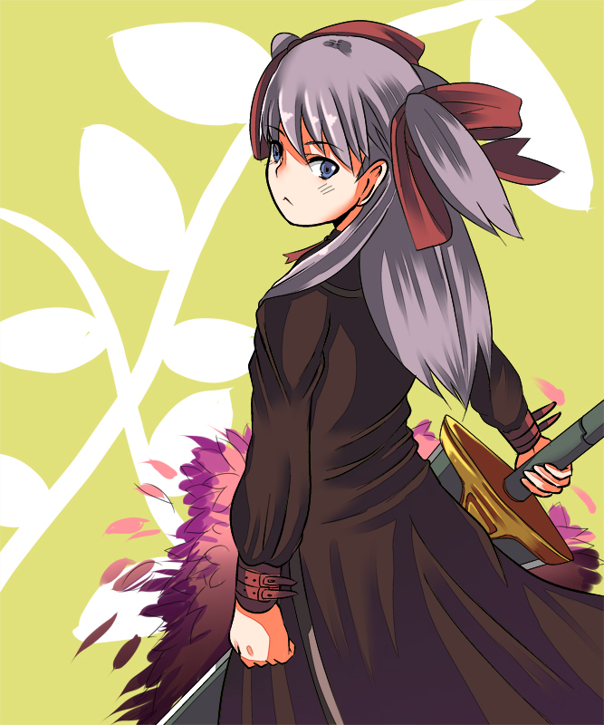 blue_eyes, brown_hair, johnny_funamushi, long_hair, looking_back, raquel_applegate, serious, sword