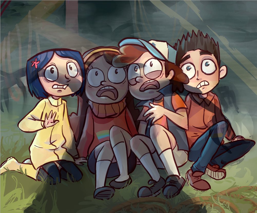 2boys, 2girls, black_hair, blue_hair, brother_and_sister, brown_hair, coraline, coraline_jones, crossover, dipper_pines, frown, gravity_falls, guillotin, hair_ornament, hairband, hat, mabel_pines, multiple_boys, multiple_girls, norman_babcock, open_mouth, paranorman, shadow, siblings, sitting