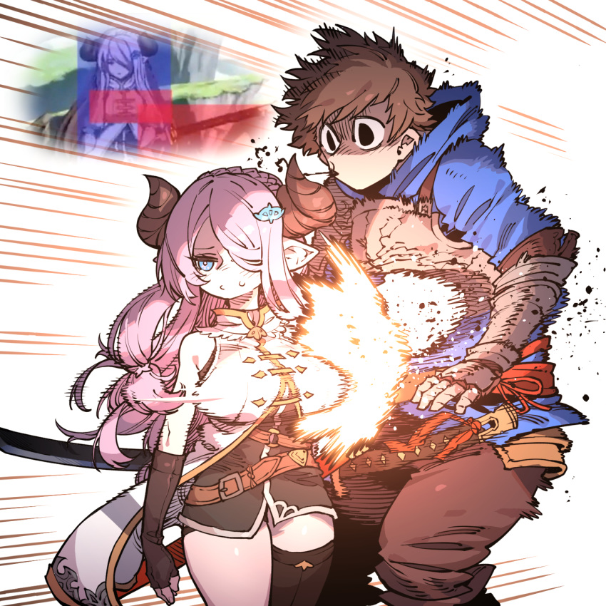 1boy, 1girl, belt, blood, blood_from_mouth, blue_eyes, breasts, brown_hair, draph, fingerless_gloves, gameplay_mechanics, gauntlets, gloves, gran_(granblue_fantasy), granblue_fantasy, granblue_fantasy_versus, hair_ornament, hair_over_one_eye, hairclip, highres, hit_box, hitting, hood, hoodie, horns, idohj12, large_breasts, narmaya_(granblue_fantasy), pink_hair, pointy_ears, single_thighhigh, thigh-highs