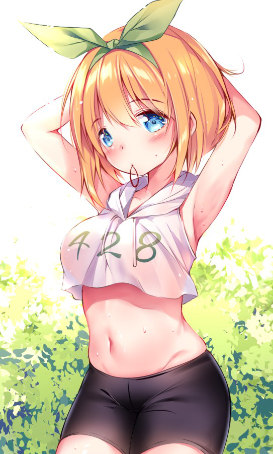 1girl, armpits, arms_behind_head, bangs, bike_shorts, black_shorts, blue_eyes, blush