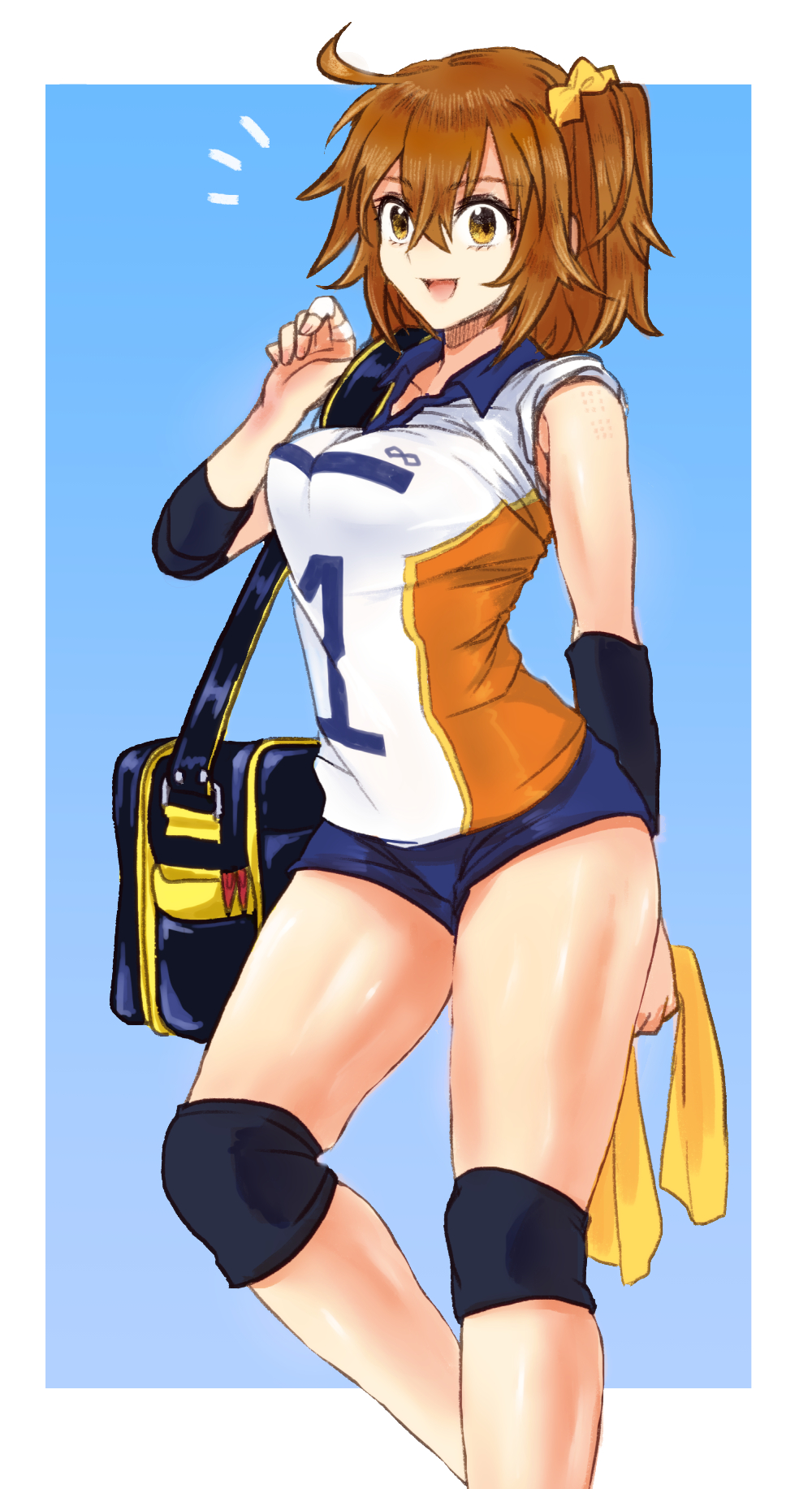 1girl, bloomers, breasts, brown_eyes, brown_hair, elbow_pads, eyebrows_visible_through_hair, fate/grand_order